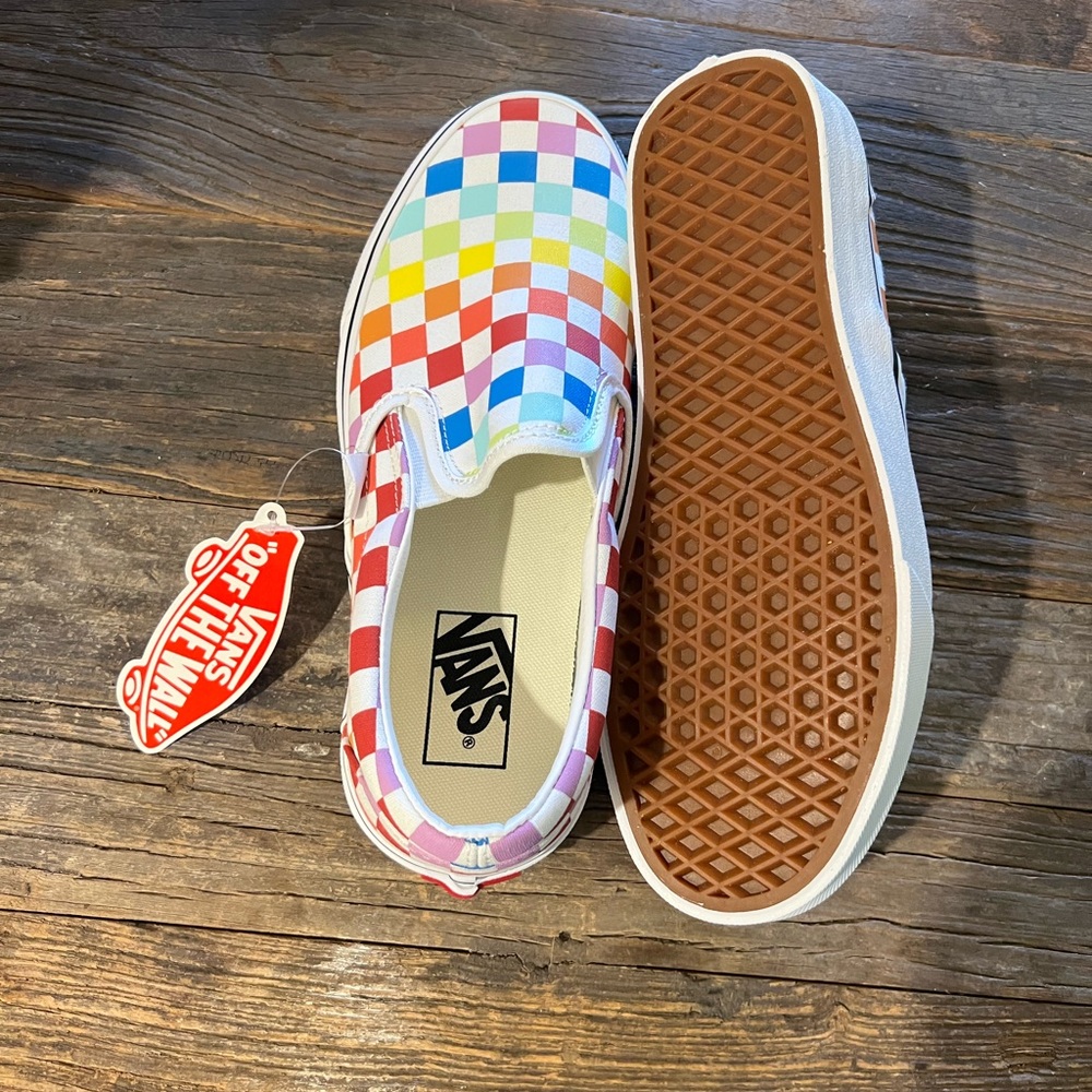 NWT rainbow checkered slip on vans